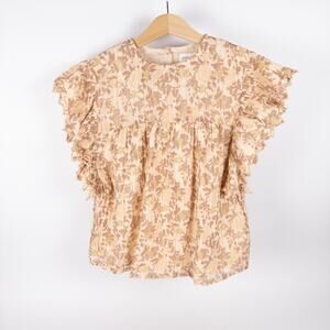 Louis Louise‎ Jasmin Ruffle Sleeve Shimmery Floral Print Blouse Tan Kids Size 12